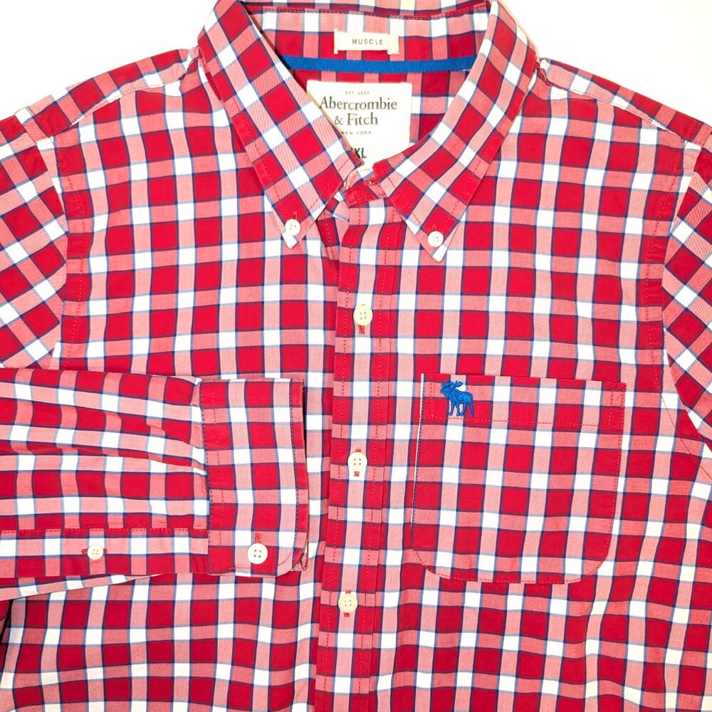 Abercrombie Men's | Y2K Muscle Shirt Red Plaid Long Sleeve Button Down Size XXL